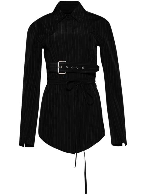 Long Sleeve Belted Shirt In Pinstripe Wool