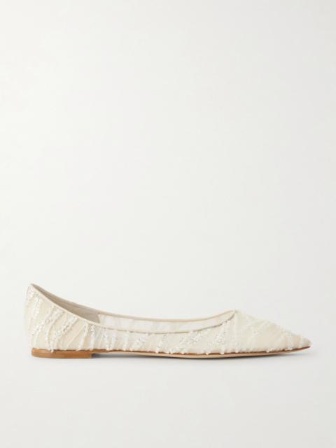 JIMMY CHOO Love embellished mesh point-toe ballet flats Ivory