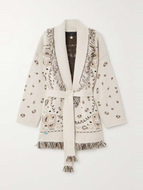 Alanui Belted fringed cashmere and linen-blend jacquard cardigan