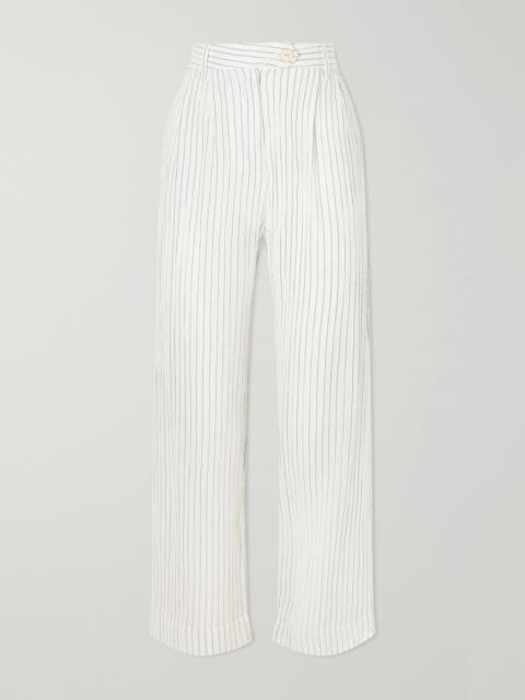 ALIX OF BOHEMIA Diana Sea Salt Pleated Pinstriped Cotton-gauze Wide-leg Pants