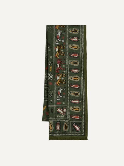 Drake's Green Rustic Elephant Print Wool-Silk Scarf