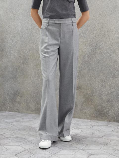 Virgin wool flannel loose flared trousers with monili