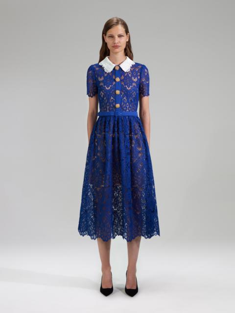 self-portrait Blue Lace Midi Dress Contrast Collar