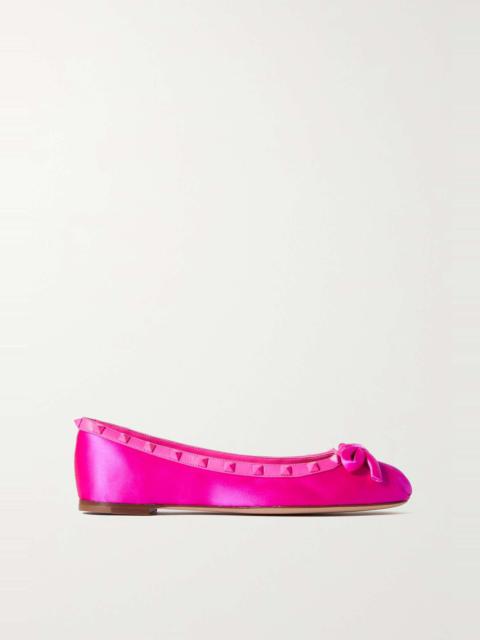 Rockstud bow-detailed leather-trimmed satin ballet flats