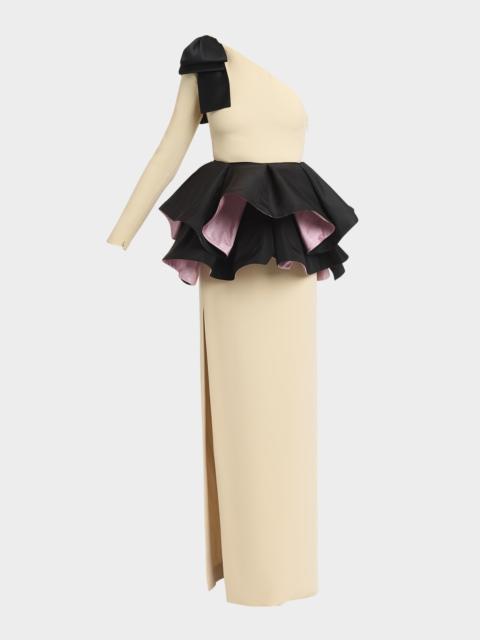 Valentino One-Shoulder Peplum Column Gown