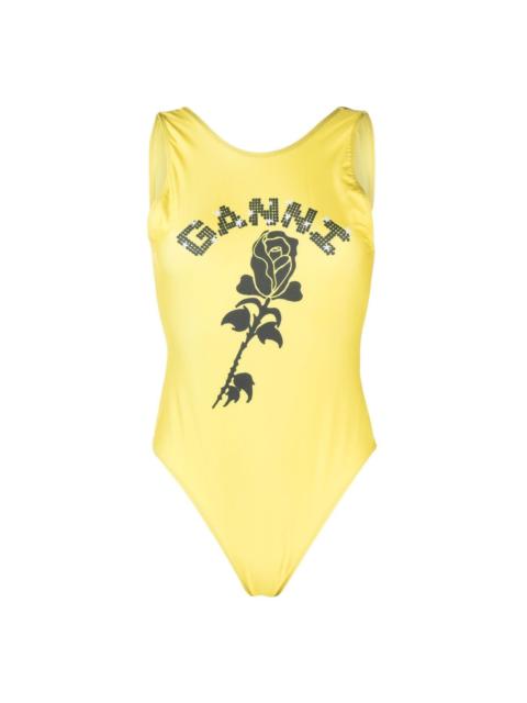 GANNI logo-print floral swimsuit