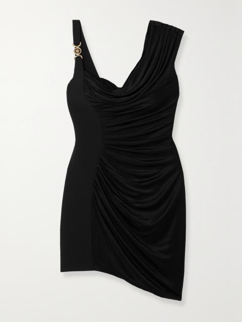VERSACE Asymmetric Embellished Draped Jersey Mini Dress