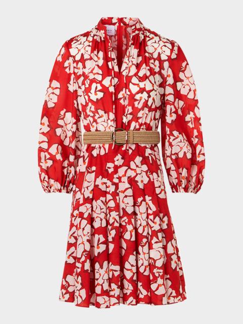 AKRIS Papercut Flower-Print Crepe Balloon-Sleeve Belted Dress