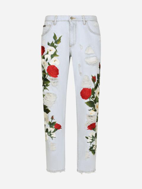 Dolce & Gabbana Loose light blue jeans with floral embroidery