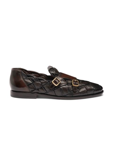 Santoni Men's polished brown leather loafer with double-buckle and woven upper