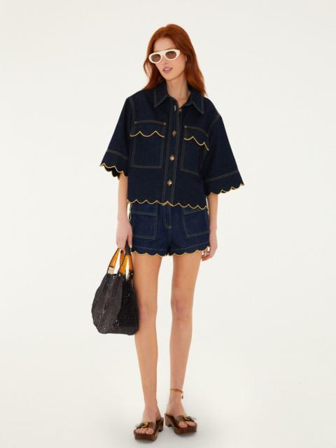 FARM RIO Dark Denim Pockets Wavy Hem Shorts
