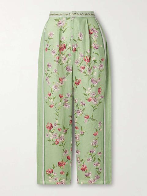 Agua by Agua Bendita Florecer Honeysuckle pleated embroidered floral-print linen tapered pants Green