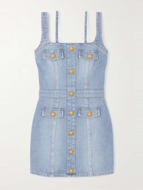 Button-embellished stretch-denim mini dress