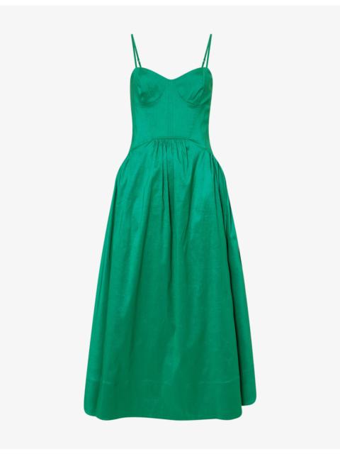 REBECCA VALLANCE Bailey Corseted Woven Midi Dress