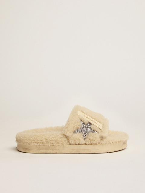 Golden Goose Beige shearling Poolstars with silver glitter star