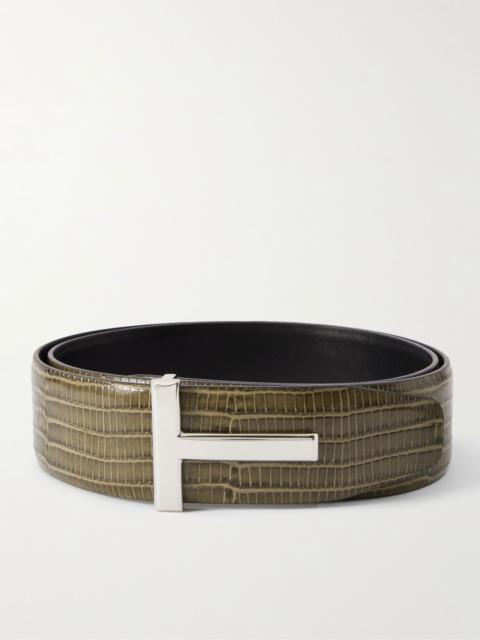 TOM FORD 4cm Reversible Croc-Effect Leather Belt Green