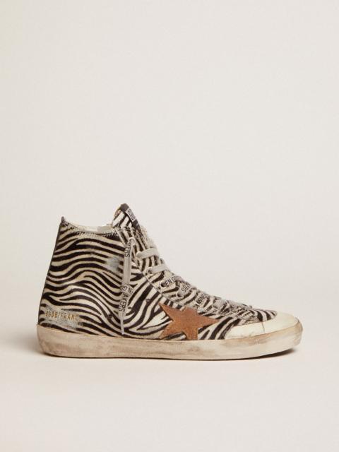 Francy Penstar LTD sneakers in zebra-print pony skin with tobacco-colored suede star and black leath
