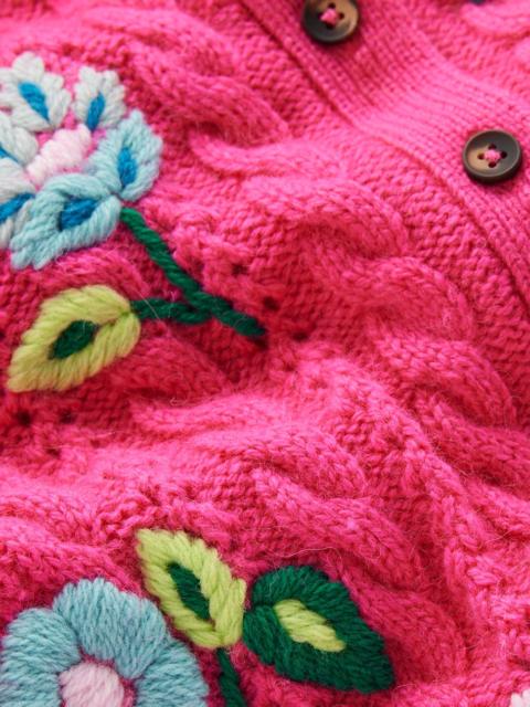 BODEN Liv Embroidered Cable Cardigan-Pink Peony