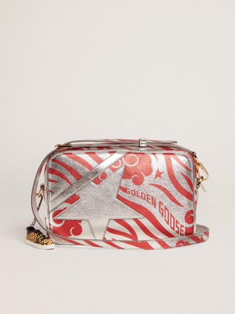 Golden Goose Star Bag in silver-colored laminated leather with tone-on-tone star and red tiger-striped CNY print