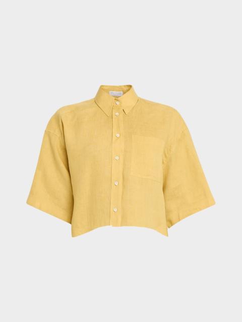 Brunello Cucinelli Cropped Button-Down Linen Shirt
