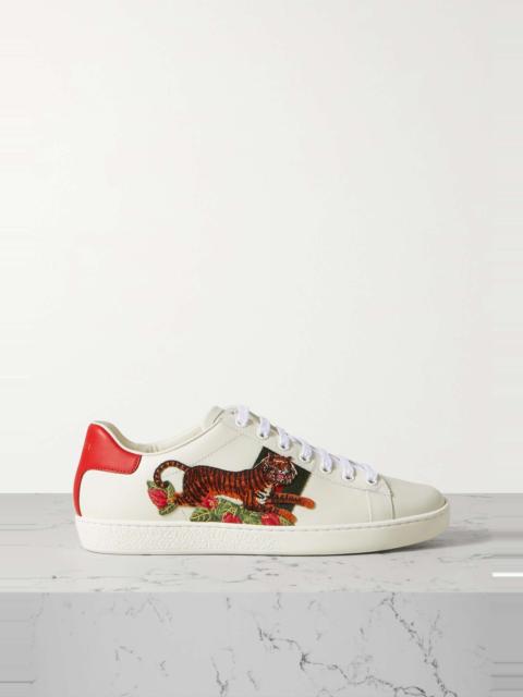 GUCCI Ace appliquéd webbing-trimmed leather sneakers