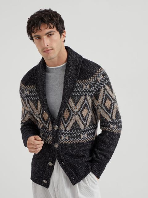 Brunello Cucinelli Geometric jacquard cardigan in mouliné virgin wool, silk and cashmere with metal buttons