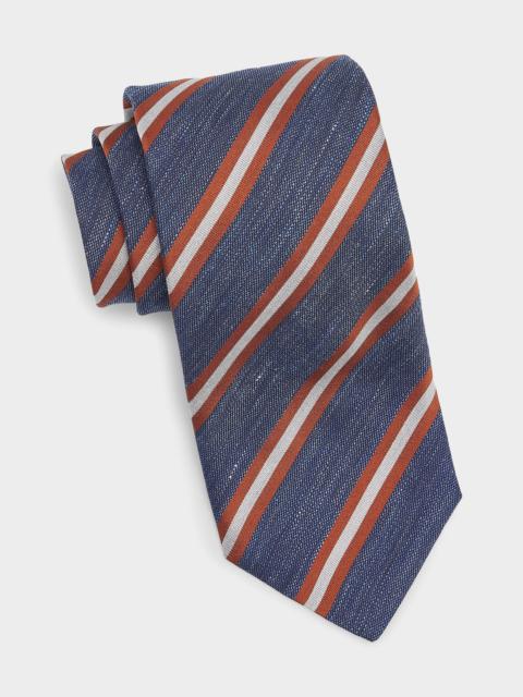 Canali Men's Navy and Tan Striped Silk Tie