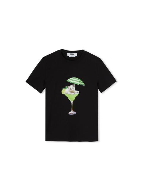 MSGM Cotton crewneck t-shirt with "cocktail cat" graphic