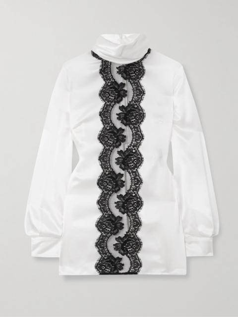 Dolce & Gabbana Lace-trimmed silk-blend satin turtleneck blouse White