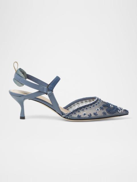 FENDI Colibri Embroidered Mesh Sporty Slingback Pumps
