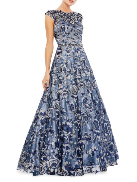 MAC DUGGAL Women's Embellished Cap-Sleeve High-Neck Gown - Stormy Blue