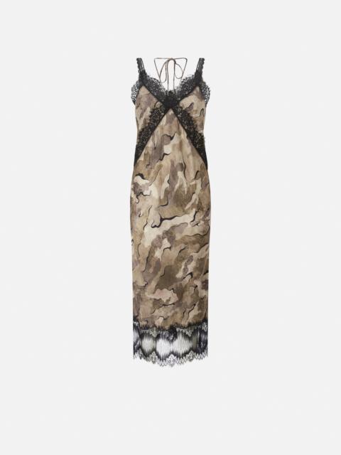 PINKO CAMOUFLAGE MIDI SLIP DRESS WITH LACE