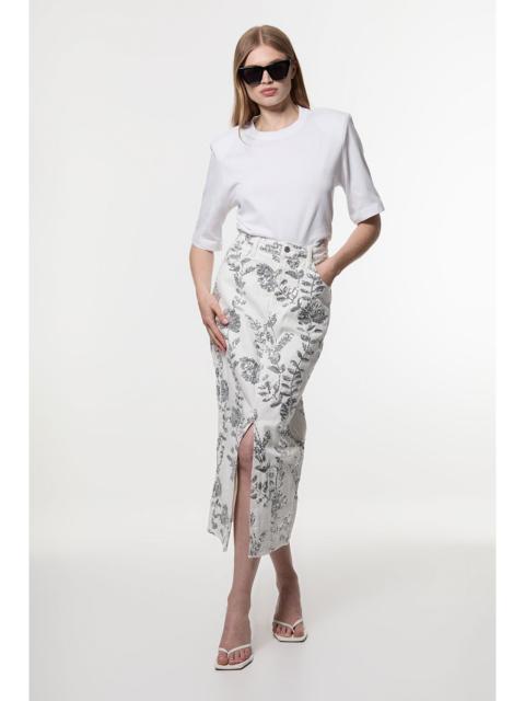 KAREN MILLEN Denim All Over Floral Sequin Skirt