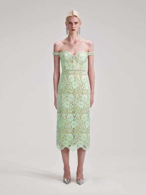 Green Cord Lace Diamante Midi Dress