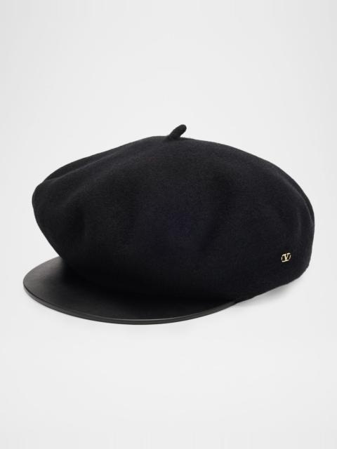 Valentino Men's VLogo Wool Beret with Calfskin Brim