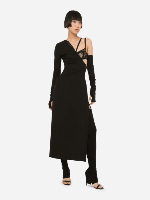 One-shoulder jersey dress with detached sleeve detail