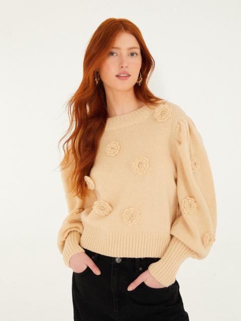 Sand Crochet 3D Flower Dropped Shoulder Knit Sweater