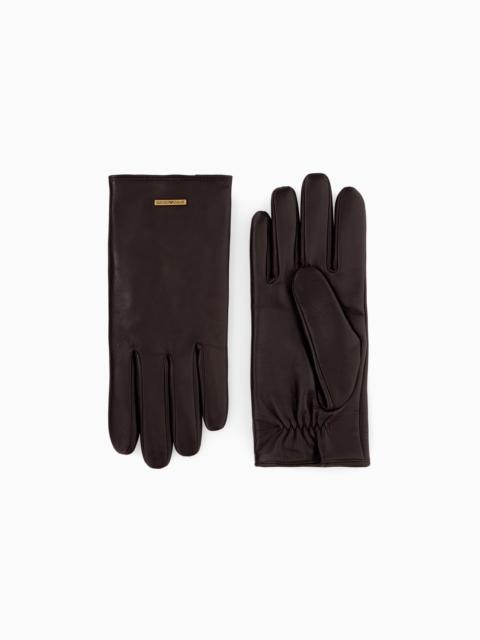EMPORIO ARMANI LEATHER GLOVES WITH A METAL LOGO PLATE AND WOOL LINING