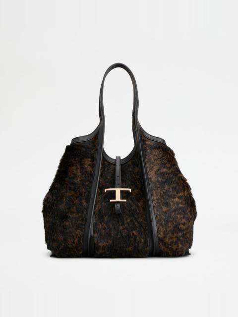 Tod's T TIMELESS SHOPPING BAG IN PONY EFFECT LEATHER MEDIUM - BLACK, BROWN