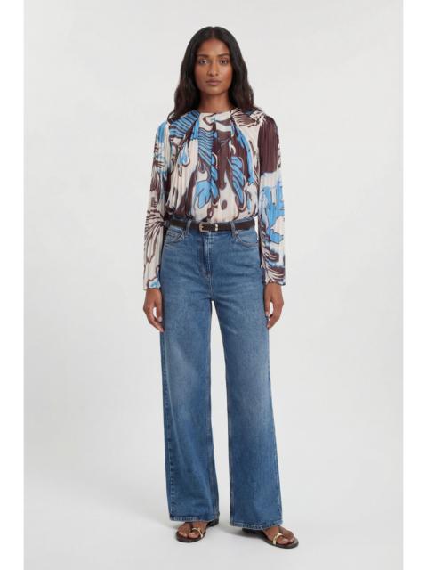 KAREN MILLEN Paisley Blue Pleated Woven Blouse