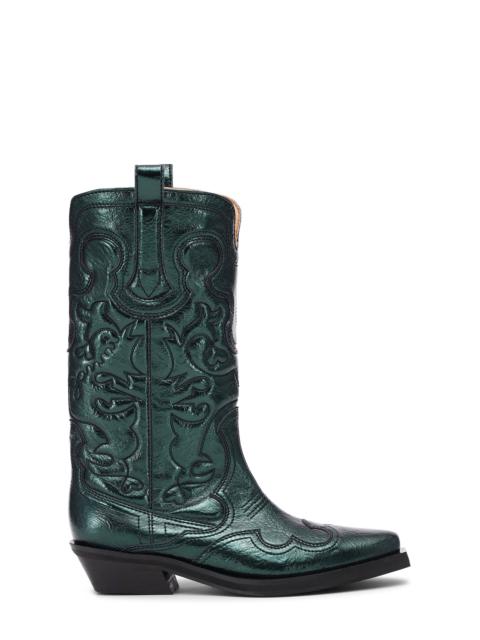 GANNI GREEN METALLIC MID SHAFT EMBROIDERED WESTERN BOOTS