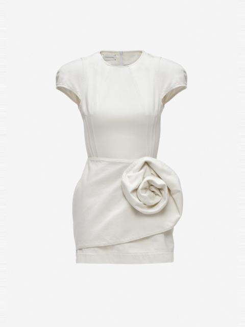 MAGDA BUTRYM Short-sleeve denim mini dress with sculpted flower in cream