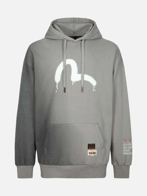 EVISU GRAFFITI SEAGULL AND SLOGAN PRINT LOOSE FIT HOODIE