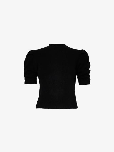 FRAME Puffed-sleeve ribbed-trim cashmere top