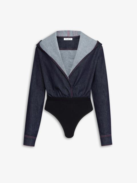 Alaïa HOODED BODY SHIRT IN STRETCH RAW DENIM