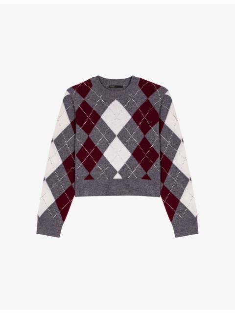maje Cropped Long-Sleeve Argyle Wool Jumper