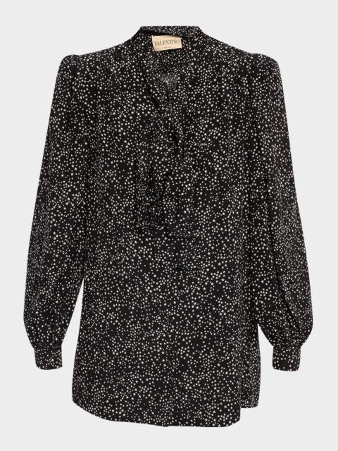 Valentino Neck-Scarf Star Silk Puff-Sleeve Blouse