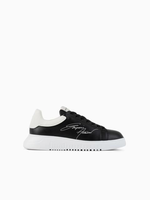 EMPORIO ARMANI Leather sneakers with signature logo and knurled sole