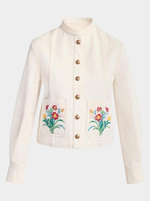 Valentino Floral Beaded Pocket Denim Jacket