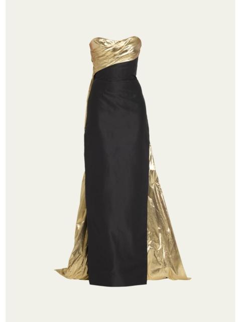 Monique Lhuillier Strapless Draped Metallic Lame Train Gown
